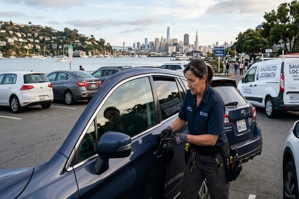 Auto locksmith programming a car key near Golden Gate Bridge